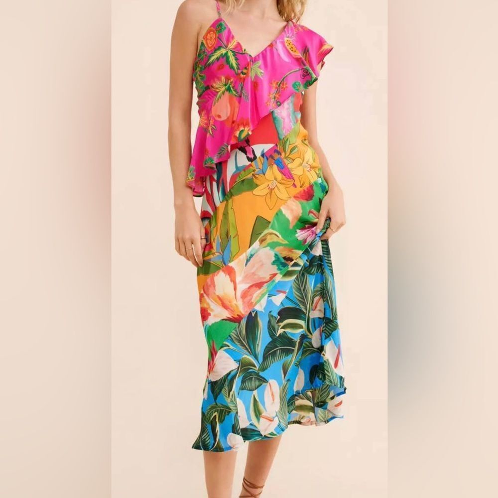 Farm Rio Mixed Flowery Ruffle One Shoulder Dress Women’s Medium